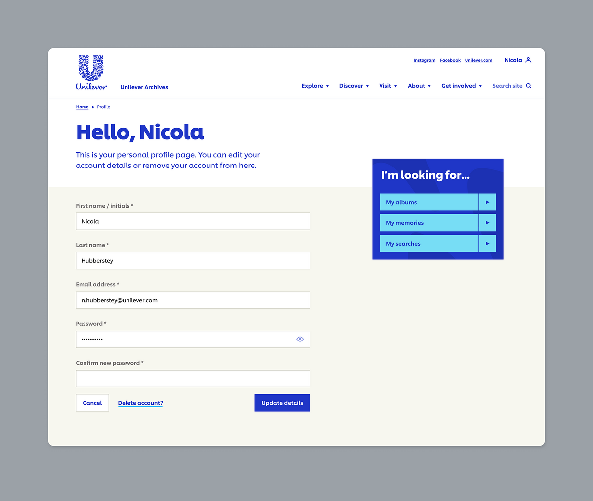 Image of creating an account page on the Unilever Archives website.